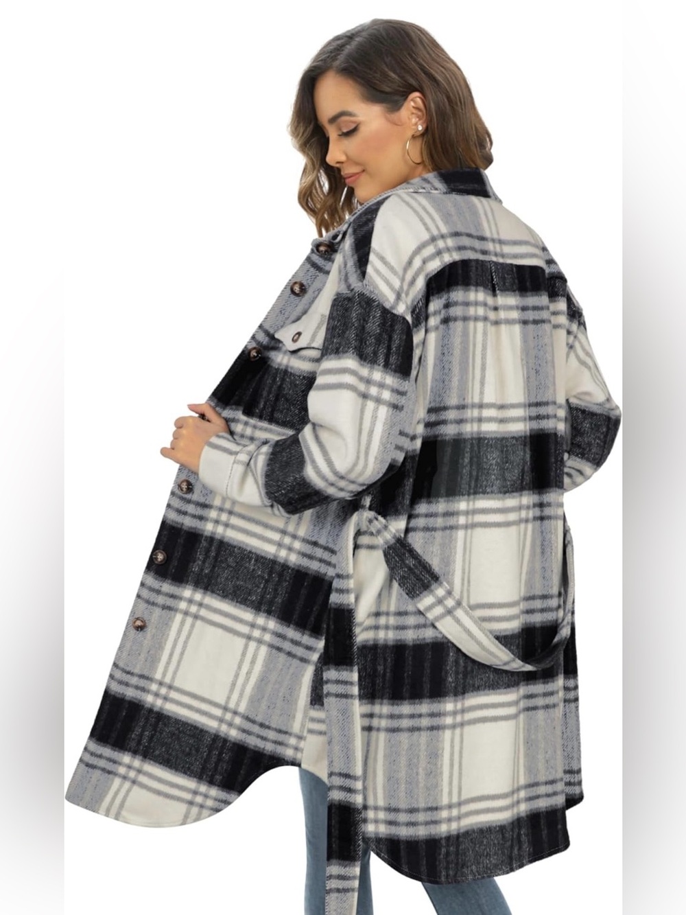 New Long Plaid Belted Shacket